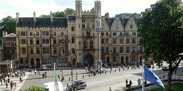 The entrance to Dean's Yard and Westminster School war memorial viewed from the Queen Elizabeth II Conference Centre in August 2012