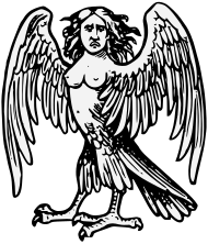 The look of the feathered outfits has been compared to the Harpy, a bird-woman from Greek mythology. Coa Illustration Elements Harpy Rising Wings Displayed.svg