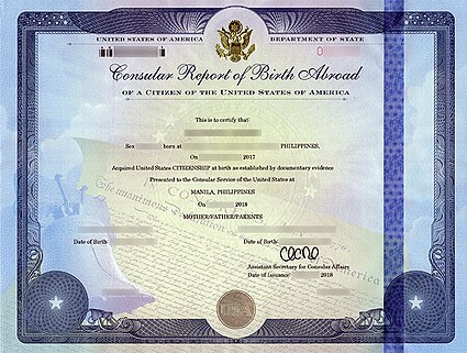 A State Department consular report of birth abroad, issued beginning 2011. Consular Report of Birth Abroad of a Citizen of the United States of America.jpg