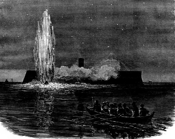 CSS David engaging New Ironsides on 5 October 1863, during the blockade of Charleston