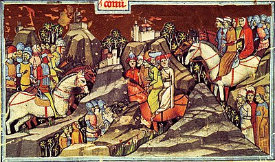 The arrival of different clans to Hungary (Chronicon Pictum, 1358) Cumans in Hungary.jpg