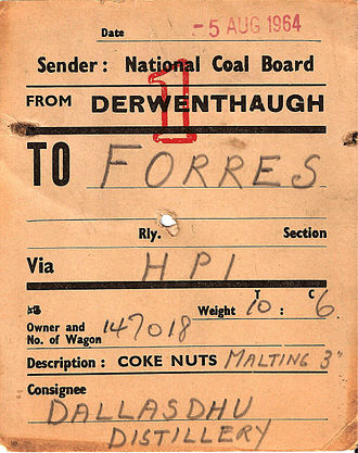 Wagon label from 1964 for a delivery of coke nuts to Dallas Dhu Distillery in Scotland. Derwenthaugh Coke Works Wagon Label.jpg