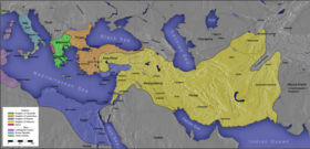 Kingdoms of the Diadochi in 301 BC: the Ptolemaic Kingdom (dark blue), the Seleucid Empire (yellow), Kingdom of Lysimachus (orange), and Kingdom of Macedon (green). Also shown are the Roman Republic (light blue), the Carthaginian Republic (purple), and the Kingdom of Epirus (red). Diadochi EN.png