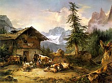 Gemälde der Niederen Holzmeisteralm an der Gosaulacke (1846) von Friedrich Gauermann