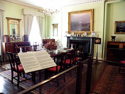 19th century New Brunswick furniture and paintings by Canadian and California artists in the dining room of the Ross Memorial Museum DiningRoom.JPG