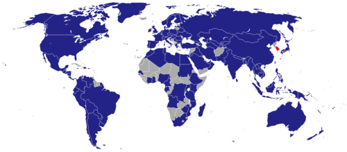 A map of South Korean diplomatic missions throughout the world. Blue marks countries with missions. Diplomatic missions of the Republic of Korea.png