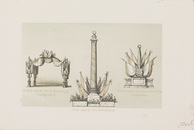 File:Drie bouwwerken voor het Costerfeest, 1856 Eereboog opgerigt door de Maatschappij van Nijverheid Naald, opgerigt door de Gasfabriek Eerezuil opgerigt door de Haarlemsche Boekhandels Vereen (titel op object) Zes platen , RP-P-OB-89.056.jpg