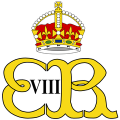 The royal cypher of King Edward VIII; like all cyphers before Queen Elizabeth II, it uses the Tudor Crown above the lettering