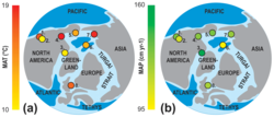 Early Eocene proxy ensemble data from fossil localities showing (a) MAT and (b) MAP estimates with the Coldwater Beds indicated with (2) Early Eocene proxy ensemble data from fossil localities showing (a) MAT and (b) MAP estimates.png