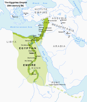The Egyptian Eighteenth Dynasty's empire at its greatest territorial extent under Thutmose III