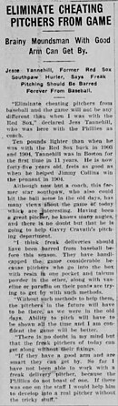 Newspaper article from 1920 lamenting the doctoring of baseballs Eliminate Cheating Pitchers From Game (1920).jpg