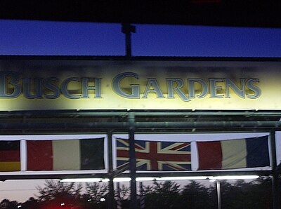 Entrance to Busch Gardens Williamsburg, featuring the countries' flags