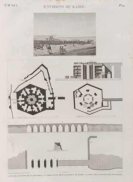 Pl.21 - 1. Vue de la plaine de la Qoubbeh 2-4. Prise d'eau de l'aqueduc du Kaire 5-8. Pont de la plaine des pyramides