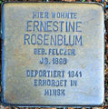 Stolperstein für Ernestine Rosenblum an der Thedinghauser Str. 46 in Bremen The production, editing or release of this file was supported by the Community-Budget of Wikimedia Deutschland. To see other files made with the support of Wikimedia Deutschland, please see the category Supported by Wikimedia Deutschland. العربية ∙ বাংলা ∙ Deutsch ∙ English ∙ Esperanto ∙ français ∙ magyar ∙ Bahasa Indonesia ∙ italiano ∙ 日本語 ∙ македонски ∙ മലയാളം ∙ Bahasa Melayu ∙ Nederlands ∙ português ∙ русский ∙ slovenščina ∙ svenska ∙ українська ∙ தமிழ் ∙ +/−