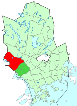 Kaupungin kartta, jossa Espoonkartano korostettuna. Espoon kaupunginosat