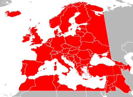 Map of countries in Europe, North Africa and Western Asia in grey, with the boundaries of the European Broadcasting Area superimposed in red