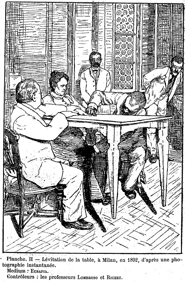 Cesare Lombroso and Charles Richet "control" while Palladino levitates table, Milan, 1892.