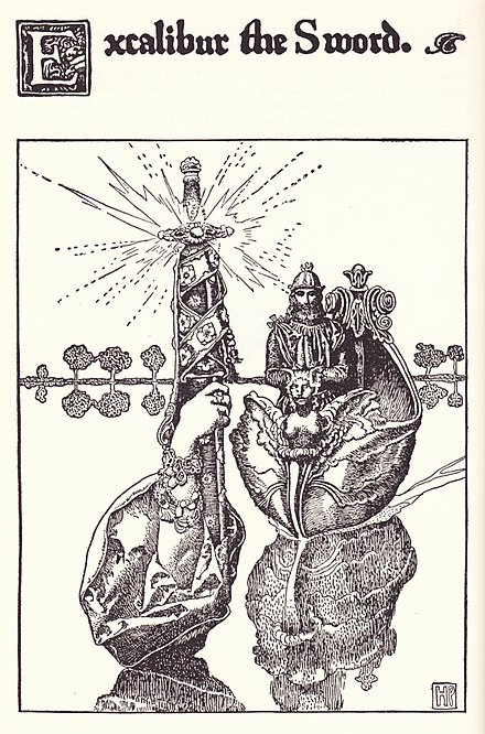 "Excalibur the Sword" Illustration of Arthur receiving it from the Lady of the Lake, by Howard Pyle for The Story of King Arthur and his Knights.
