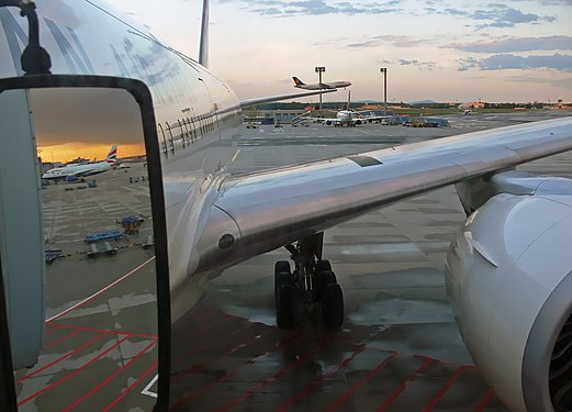 View through the gangway window when boarding a JAL plane at Frankfurt Airport