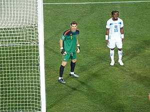 Iker Casillas (with Walter Martinez) at the 2010 FIFA World Cup in a match against Honduras. FIFA World Cup 2010 Spain Honduras.jpg
