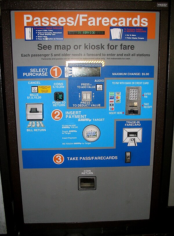 A vending machine sells farecards for the Washington Metro subway.