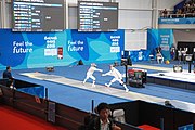 Deutsch: Fechten bei den Olympischen Jugend-Sommerspielen 2018: Tag 1, 7. Oktober 2018, Jungen, Säbel, Viertelfinale - Samuel Jarry (FRA) - Mazen Elaraby (EGY) 14:15 English: Fencing at the 2018 Summer Youth Olympics at 7 October 2018 – Boys' sabre Quarterfinals – Samuel Jarry (FRA) Vs Mazen Elaraby (EGY) 14:15