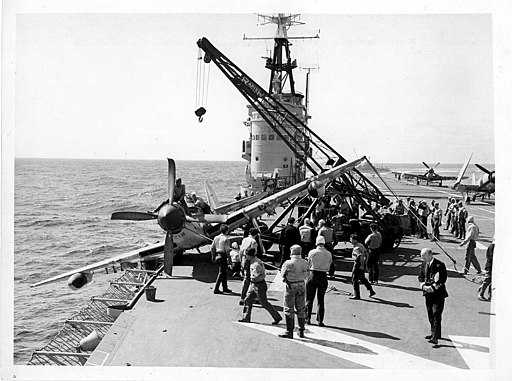 Flight deck HMAS SYDNEY with a damaged Fairey Firefly (7829151036)