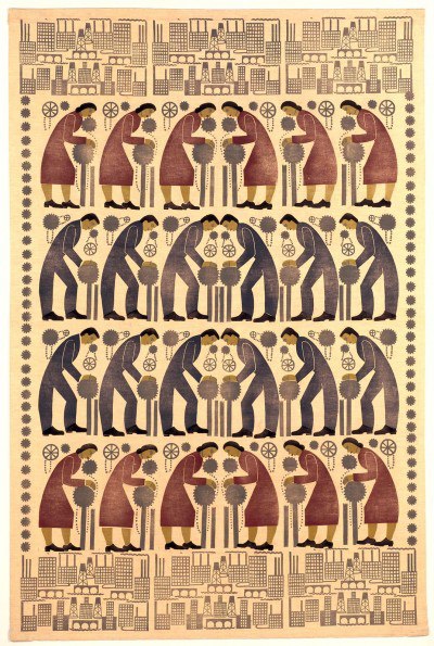 The Workers (c. 1935), a wall hanging created by Florence Kawa for the Milwaukee Handicraft Project, was presented to Eleanor Roosevelt