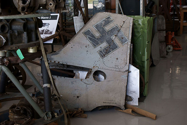 An Fw 190F's tailfin, showing the triangular hinged panel for access to the tailwheel retraction mechanism inside of it