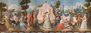 Biombo. Sarao [party] in a garden of Chapultepec, anonymous painter, c. 1780-1790, Mexico City. National Museum of History of Chapultepec Castle. Folding screen. Sarao in a garden of Chapultepec. 18th century. Museo Nacional de Historia. Castle of Chapultepec (cropped).png