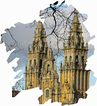 Galician Cathedral bordered by the general shape of Galicia.