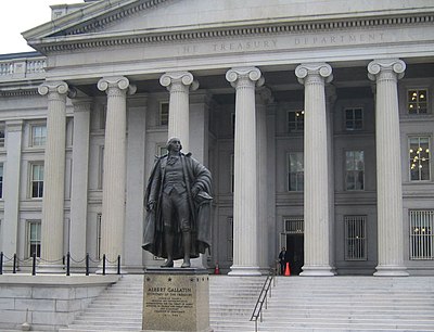 Statue of Albert Gallatin in front of the northern entrance to the United States Treasury Building