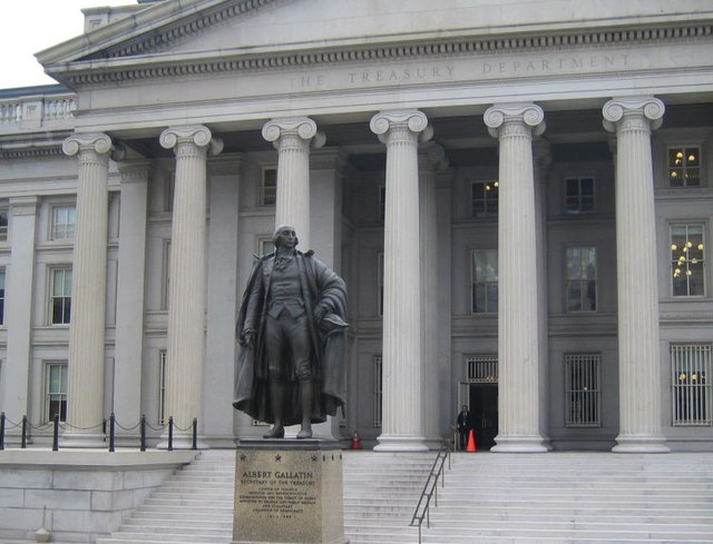 Albert Gallatin is honored with a statue in front of the U.S. Treasury Building in Washington, D.C.