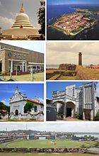 (clockwise from top left:) Galle Temple, Aerial view of Galle Fort, Interior of the Galle Fort, St. Aloysius College, Galle View of the Galle International Stadium from the Fort, Dutch Reformed Church of Galle, Galle Municipal Council