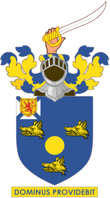 Arms: Azure a Bezant between three Boar's Heads erased Or in dexter chief a Canton of a Baronet of Nova Scotia; Crest: A Dexter Hand grasping a Sabre proper; Motto: Dominus Providebit (The Lord will provide) Gordon Achievement.png