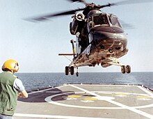 HH-2D, which was a search and rescue version, on approach in 1970 HH-2D Seasprite approaches USS W.S. Sims (DE-1059) during flight deck strength tests in September 1970.jpg