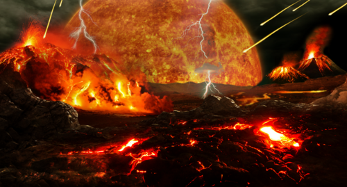 Artist's impression of a Hadean landscape and the Moon looming large in the sky, both bodies still under extreme volcanism.
