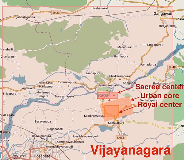 Hampi Vijayanagara in early 16th century. The sacred centre featured major Hindu temples and attached markets; the urban core included the royal centr