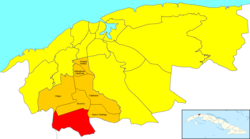 Location of Santiago de las Vegas (red)within Boyeros (orange) and Havana