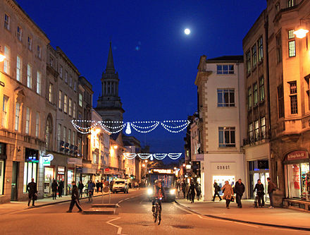 Night view of High Street with Christmas lights – one of Oxford's main streets
