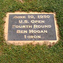 A plaque on the 18th fairway at Merion East Golf Course commemorating Ben Hogan's famous shot from the 1950 U.S. Open HoganMerion.jpg
