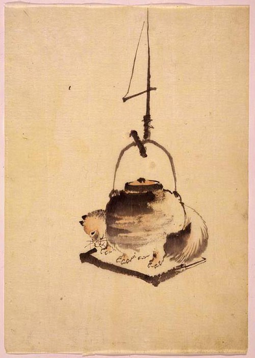 A raccoon dog half transformed into a cauldron hangs from a jizai kagi hook over an irori hearth (scene from the tale Bunbuku Chagama). C. 1840s, Scho