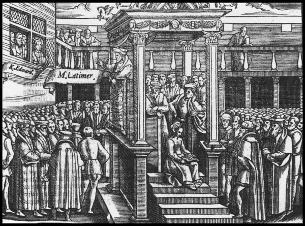 A contemporary woodcut of Hugh Latimer preaching to King Edward and his courtiers from a pulpit at the Palace of Whitehall. Published in John Foxe's Acts and Monuments in 1563[201]
