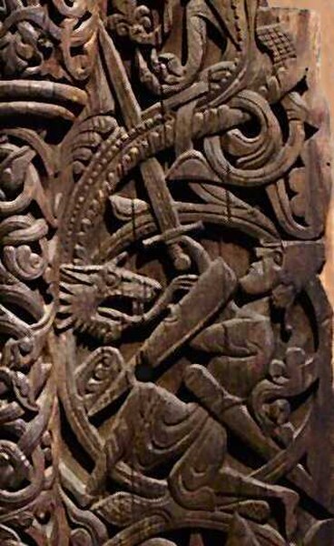 Sigurd kills the dragon Fafnir. Wood-carving in Hylestad Stave Church, 12th–13th century.