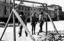 Three Italian partisans executed by public hanging in Rimini, August 1944 I "tre Martiri" (Mario Cappelli, Luigi Nicolo, Adelio Pagliarani).jpg