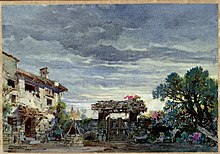 Il cortile della casa di Gherardo, bozzetto di Edoardo Marchioro per Fra Gherardo (1927) - Archivio Storico Ricordi ICON004273.jpg