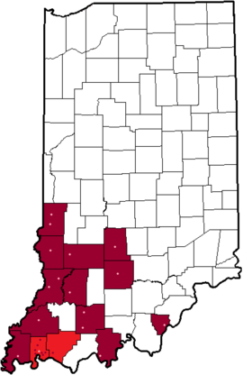 Current Southern Indiana Athletic Conference Members are in Maroon inside Vanderburgh and Warrick Counties. Former members are in pink inside Maroon Counties. The Pink dot in Vanderburgh County is Rex Mundi High School. Indiana (SIAC).png