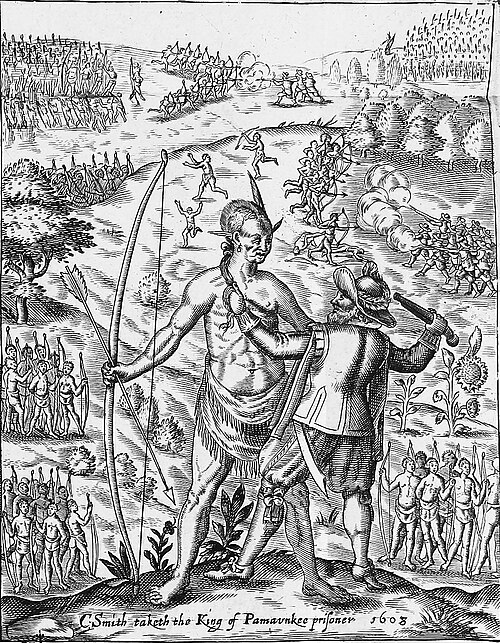 'John Smith taking the King of Pamunkey prisoner', a fanciful image of Opechancanough from Smith's General History of Virginia (1624). The image of Op