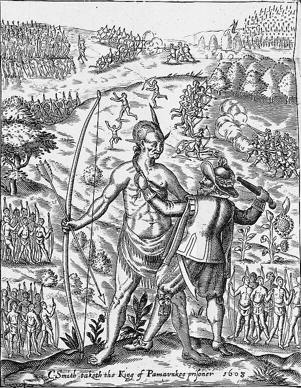 'John Smith taking the King of Pamunkey prisoner', a fanciful image of Opechancanough from Smith's General History of Virginia (1624). The image of Op