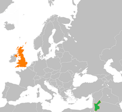 Mapa označující umístění Jordánska a Velké Británie